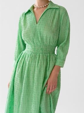 Smocked-Waist Light Green Long Sleeve Midi Dress